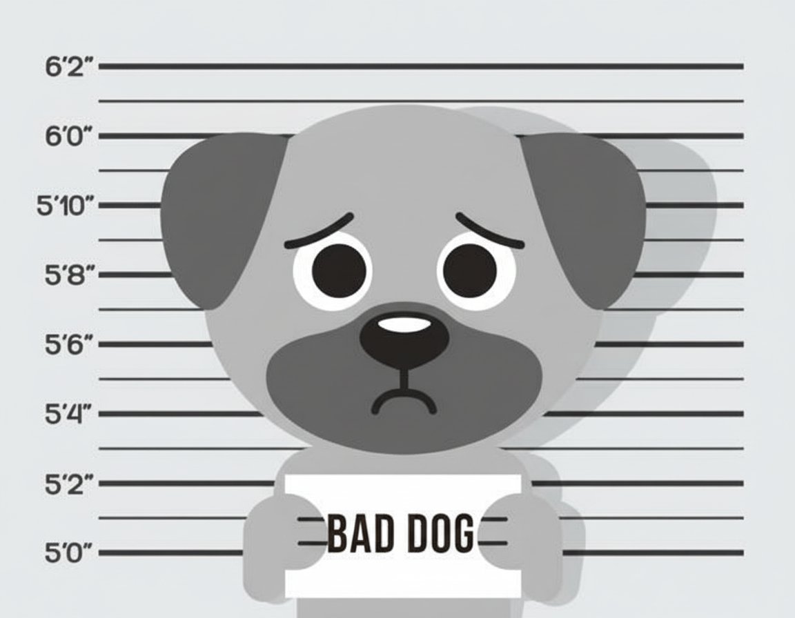 BadDog mugshot — a guilty cartoon dog holding a Bad Dog sign